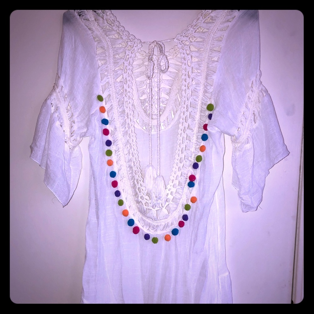 Swimsuit cover-up, Off-White w/ multi color poms